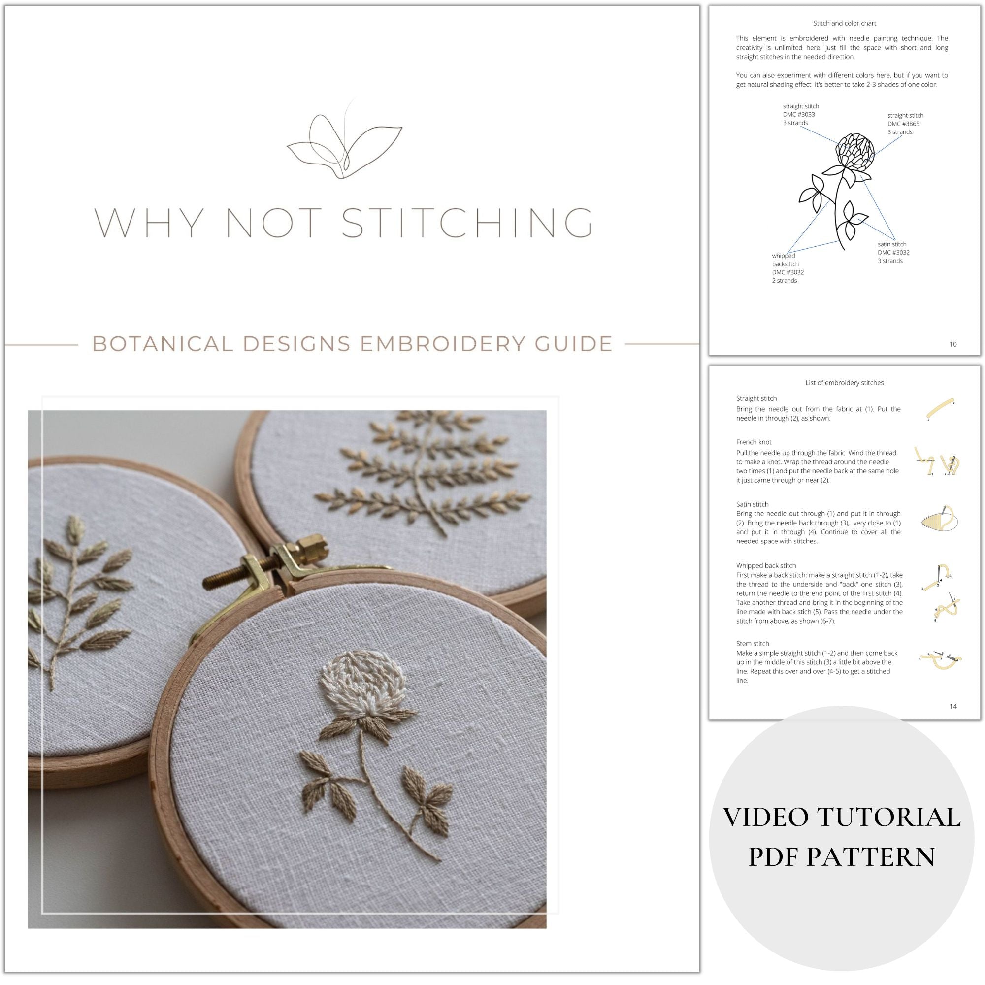 Botanical Pair Hand Embroidery Pattern, Stick and Stitch Transfer